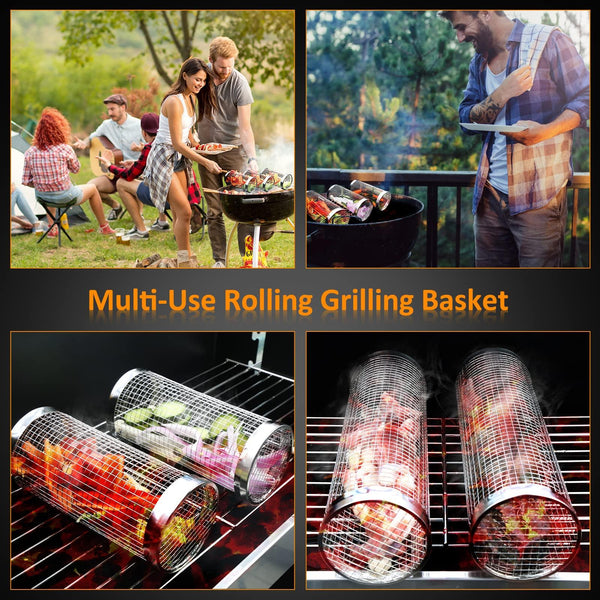 2 PCS Grill Basket BBQ Rolling Grilling Basket Stainless Steel Grill Mesh Barbeque Portable Grill Accessories for Fish BBQ Rolling Grilling Basket for Outdoor Grill Cylindrical Stainless Steel Grill