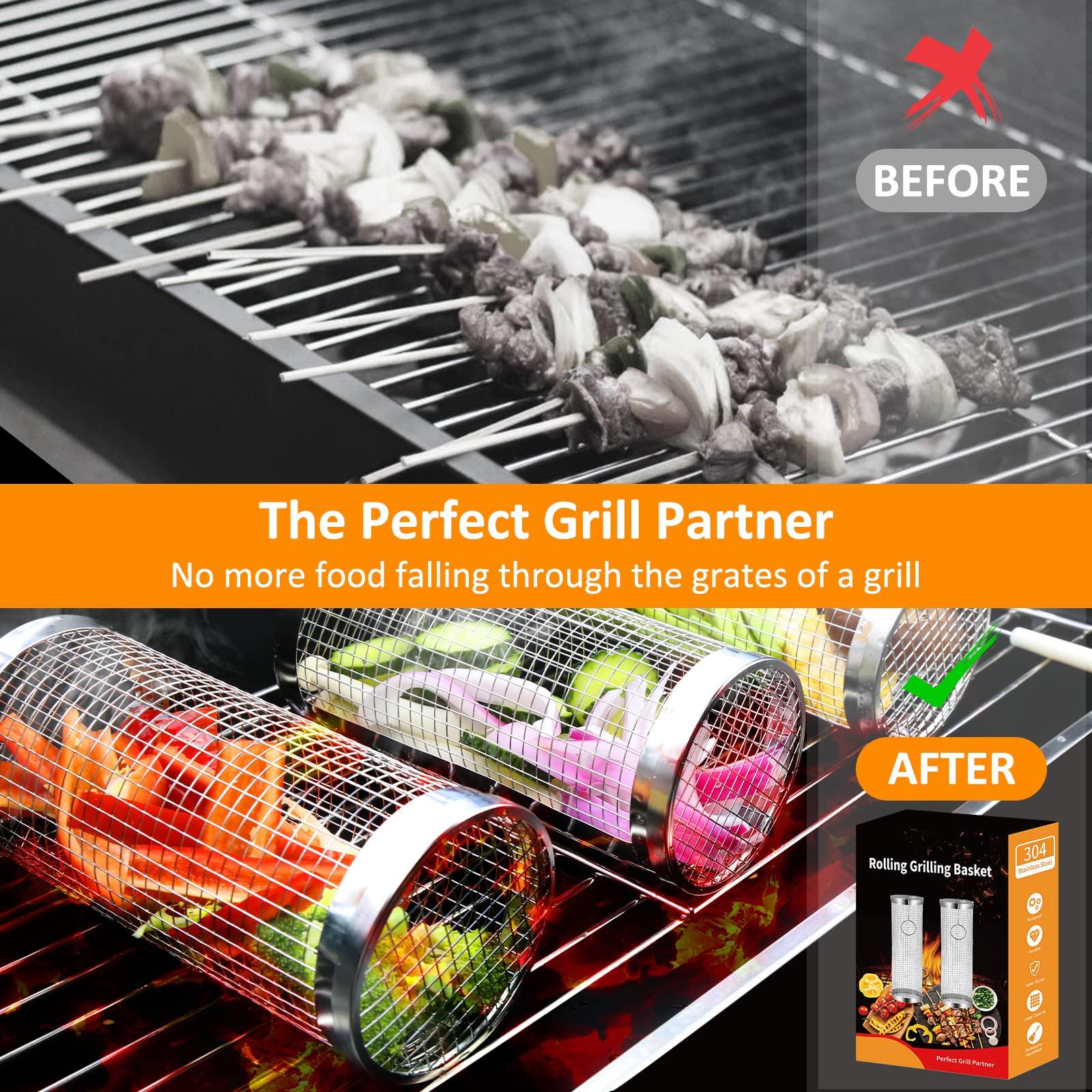 2 PCS Grill Basket BBQ Rolling Grilling Basket Stainless Steel Grill Mesh Barbeque Portable Grill Accessories for Fish BBQ Rolling Grilling Basket for Outdoor Grill Cylindrical Stainless Steel Grill