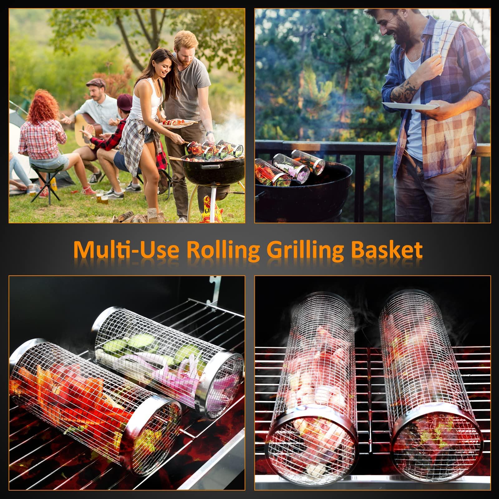 2 PCS Grill Basket BBQ Rolling Grilling Basket Stainless Steel Grill Mesh Barbeque Portable Grill Accessories for Fish BBQ Rolling Grilling Basket for Outdoor Grill Cylindrical Stainless Steel Grill