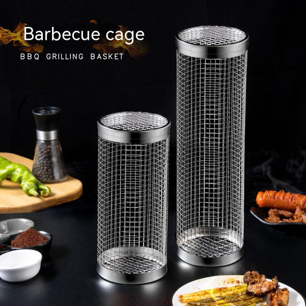 2 PCS Grill Basket BBQ Rolling Grilling Basket Stainless Steel Grill Mesh Barbeque Portable Grill Accessories for Fish BBQ Rolling Grilling Basket for Outdoor Grill Cylindrical Stainless Steel Grill