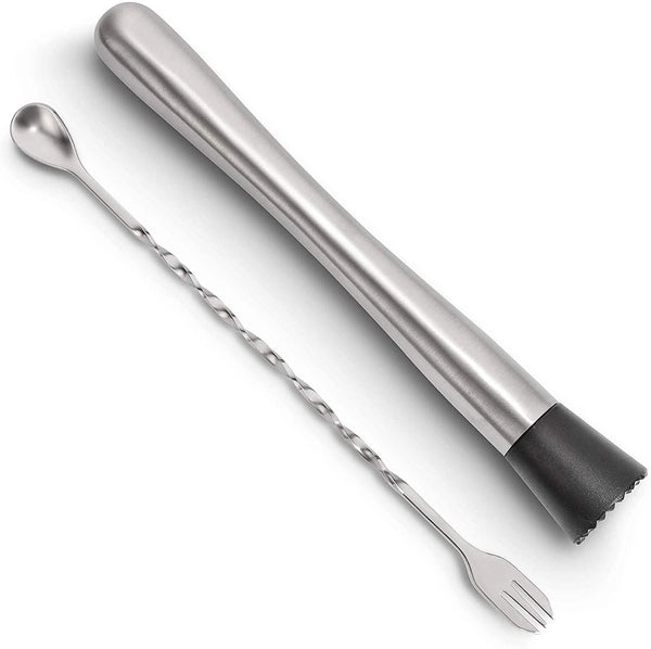 2-Piece Set: Hiware 10 Inch Stainless Steel Cocktail Muddler and Mixing Spoon Home Bar Tool Set
