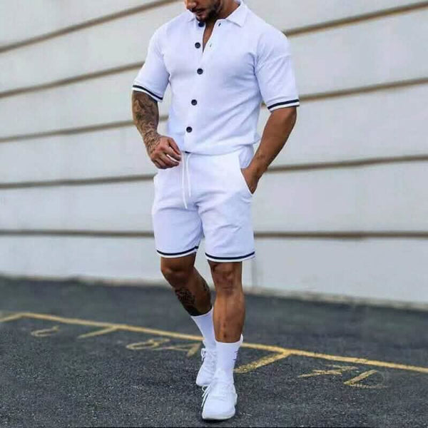 2-Piece Set: Men's Short Sleeve Plain Stripes Lapel