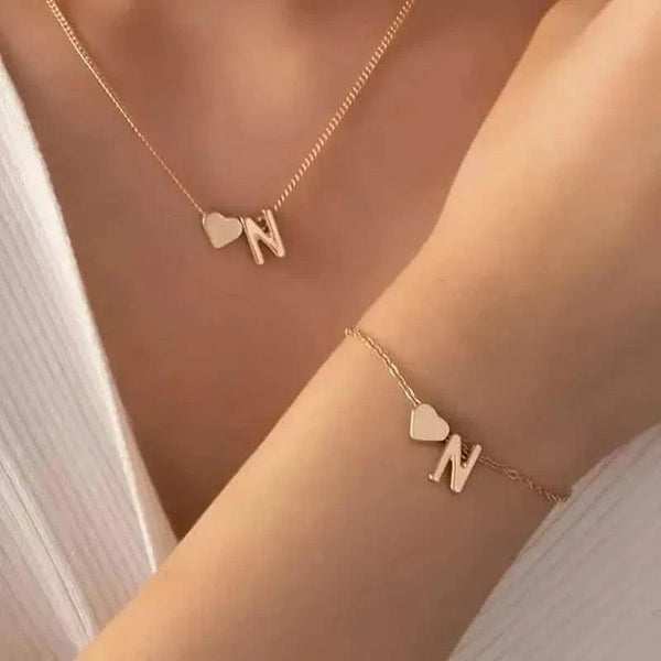 2-Piece Set: Metal Heart And English Letter Necklace And Bracelet
