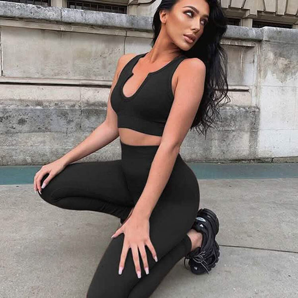 2-Piece Set: Ribbed Seamless Crop Tank High Waist Yoga Leggings