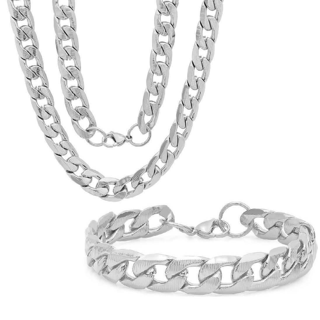 2-Piece Set: Stainless Steel Men's Line-Cut Cuban Link Chain 24