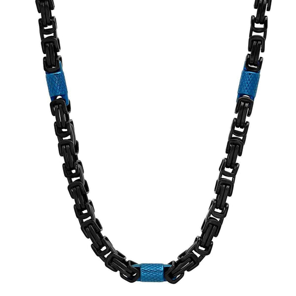2-Piece Set: Two Tone Black and Blue Byzantine Mens Bracelet and Necklace