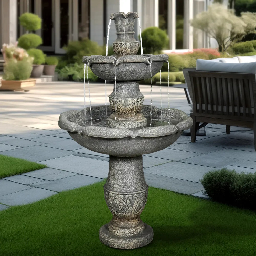 Concrete Carved 2 Tier Outdoor Water Fountain 48 Inch