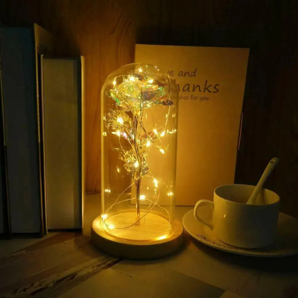 20 Led Lights Crystal Galaxy Rose in The Glass Dome Gift for Girlfriend - Beauty and The Beast Style Galaxy Rose Flower Gift