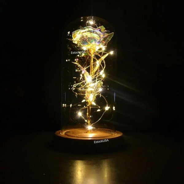 20 Led Lights Crystal Galaxy Rose in The Glass Dome Gift for Girlfriend - Beauty and The Beast Style Galaxy Rose Flower Gift