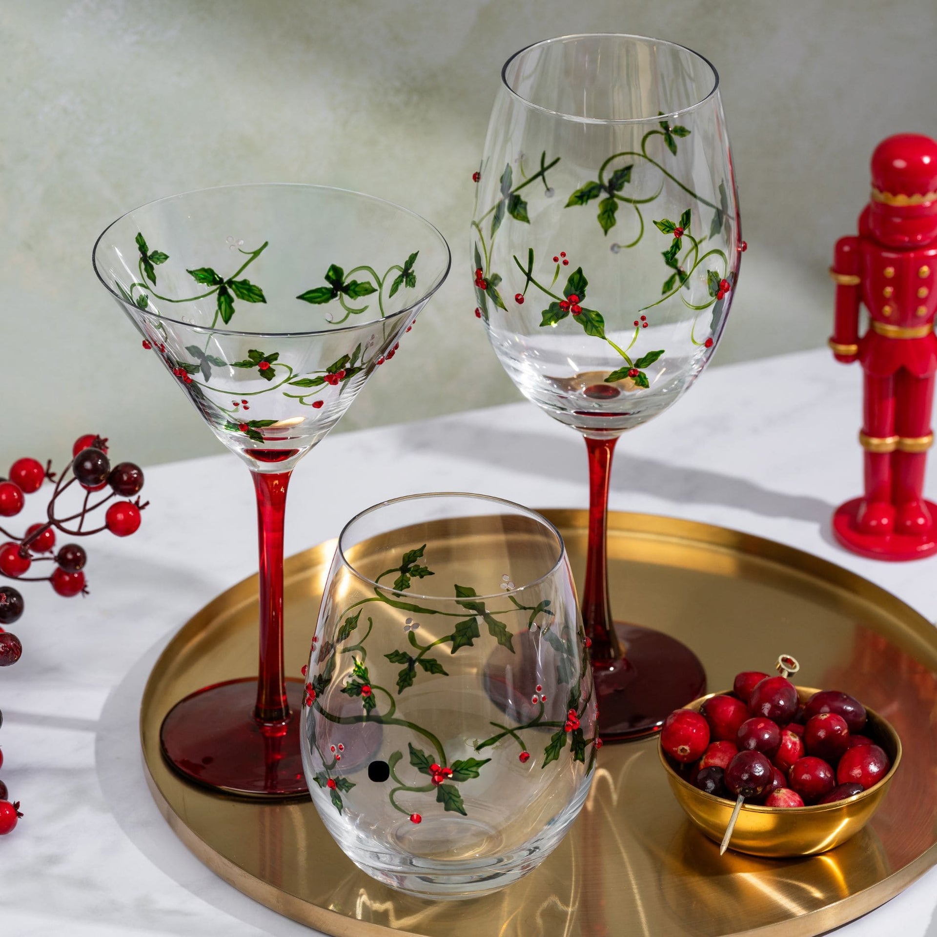 Christmas Holly Martini Glasses Jersey Art Glass