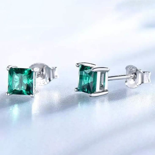 2.00 CTTW Sterling Silver Emerald Princess Cut Studs