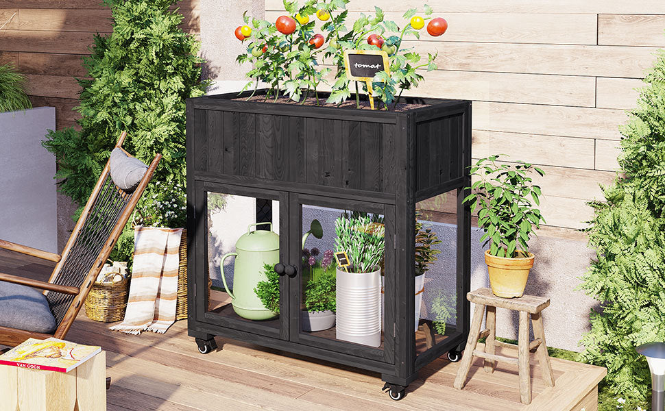 Patio 35.4''x17.7''x37.4'' Mini Wood Cold Frame, Compact 2 Doors Garden Greenhouse with Wheels, Raised Bed with Liner for Indoor Outdoor Use, Black