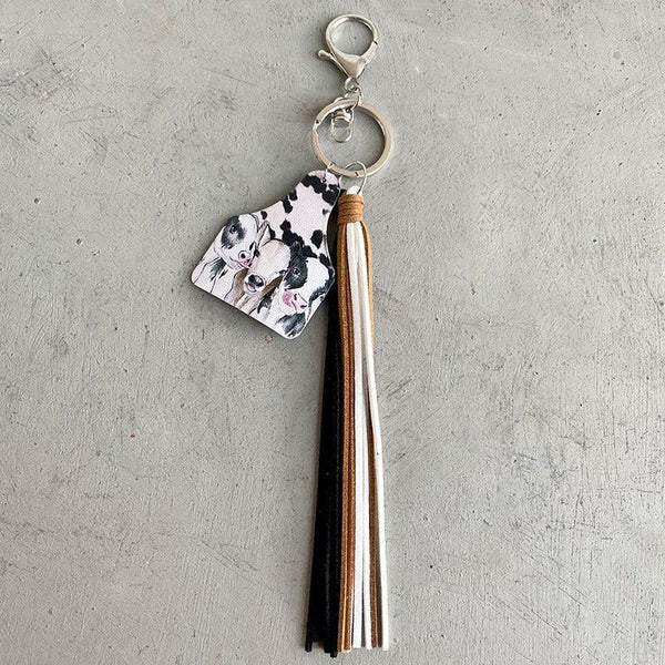 Handmade Popular Jewelry Western Farm Style Leather Keychain Cow Horse Deer Cow Brand Leather Tassels