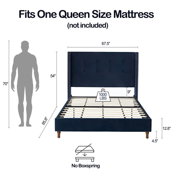 Peyton Upholstered Queen Bed with 54' High Headboard and Traditional Buttoned Tufting in Blue Velvet BLAKHOM