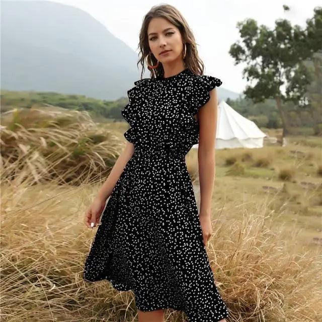 New Summer Dot Print Dress Women Casual Butterfly Sleeve Ruffles Medium Long Chiffon Dress - Summer Fashion Dresses