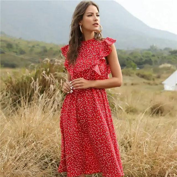 New Summer Dot Print Dress Women Casual Butterfly Sleeve Ruffles Medium Long Chiffon Dress - Summer Fashion Dresses