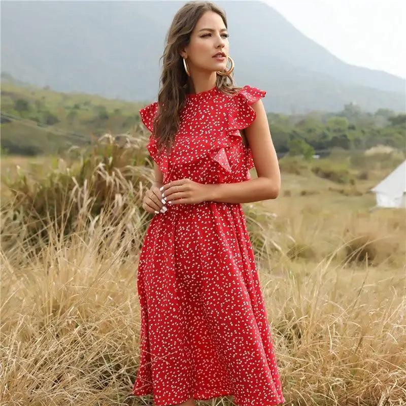 New Summer Dot Print Dress Women Casual Butterfly Sleeve Ruffles Medium Long Chiffon Dress - Summer Fashion Dresses