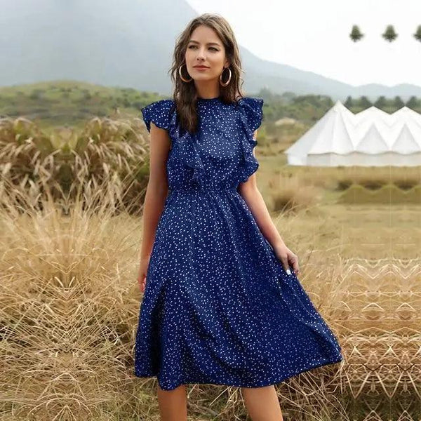 New Summer Dot Print Dress Women Casual Butterfly Sleeve Ruffles Medium Long Chiffon Dress - Summer Fashion Dresses