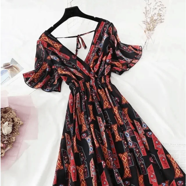 Summer Women Ruffled Short-sleeved Chiffon Dress V-neck High Waist Floral Print Beach Midi Dresses For Women