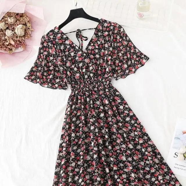 Summer Women Ruffled Short-sleeved Chiffon Dress V-neck High Waist Floral Print Beach Midi Dresses For Women