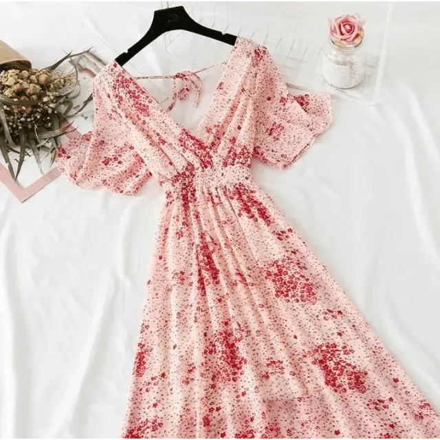 Summer Women Ruffled Short-sleeved Chiffon Dress V-neck High Waist Floral Print Beach Midi Dresses For Women
