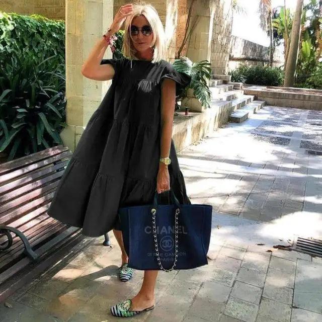 Women Retro Loose Casual Round Neck Short Sleeve Dress - Cute Fashion Dresses For Women