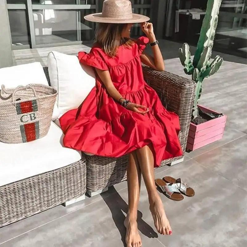 Women Retro Loose Casual Round Neck Short Sleeve Dress - Cute Fashion Dresses For Women