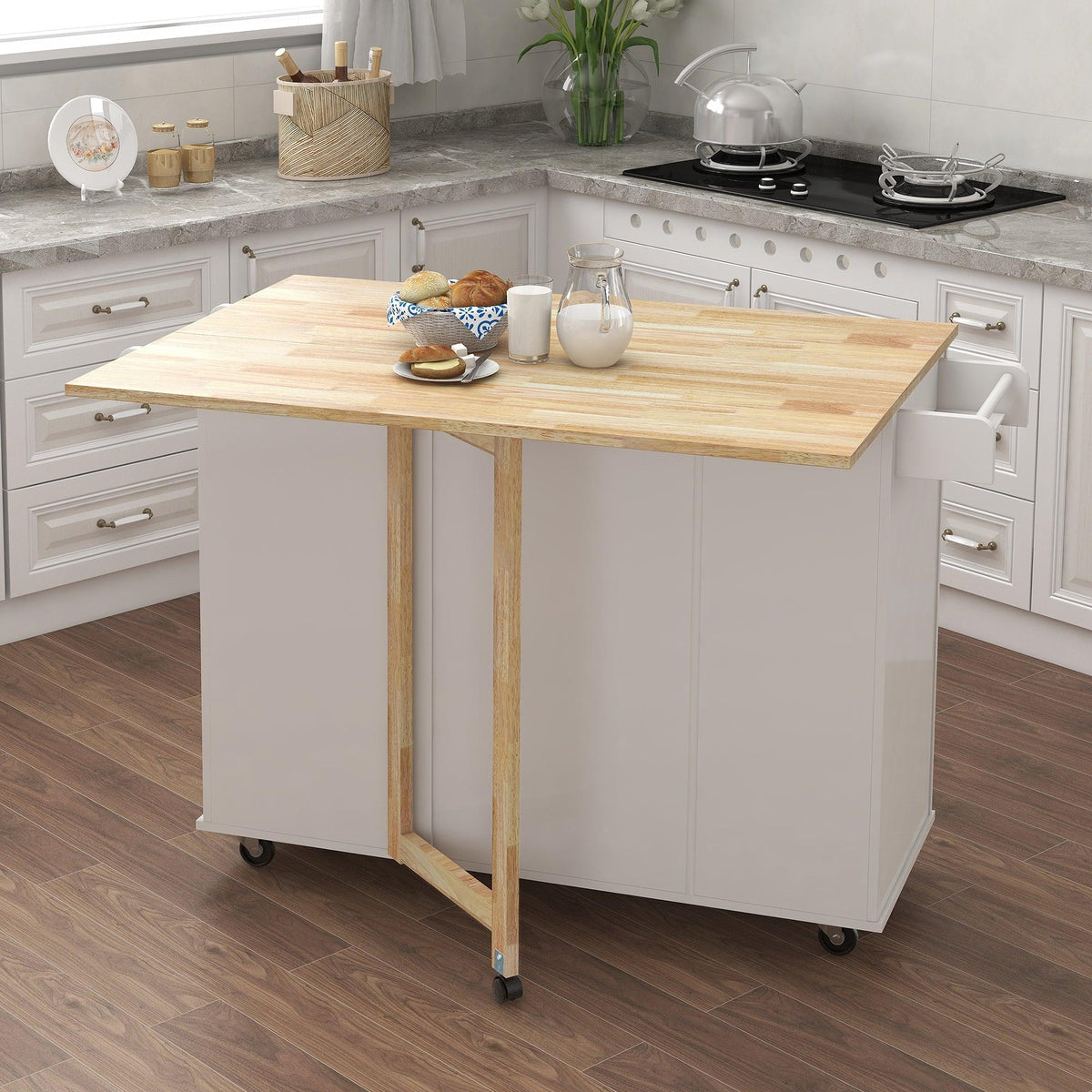 Kitchen Island with Spice Rack and Towel Rack - White