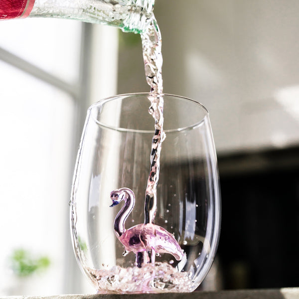 3D Flamingo Stemless Wine Glasses Jersey Art Glass