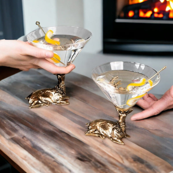 Gold Stag Deer Martini Glasses Jersey Art Glass