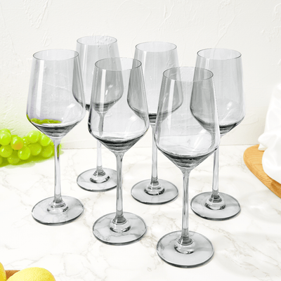 Colored Wine Glass Set, 12oz Glasses Set of 6 Baby Shower Gender Reveal Boy or Girl Decor Baby Announcement Unique Italian Style Tall Stemmed for White & Red Wine Elegant Glassware (Smoke Grey)