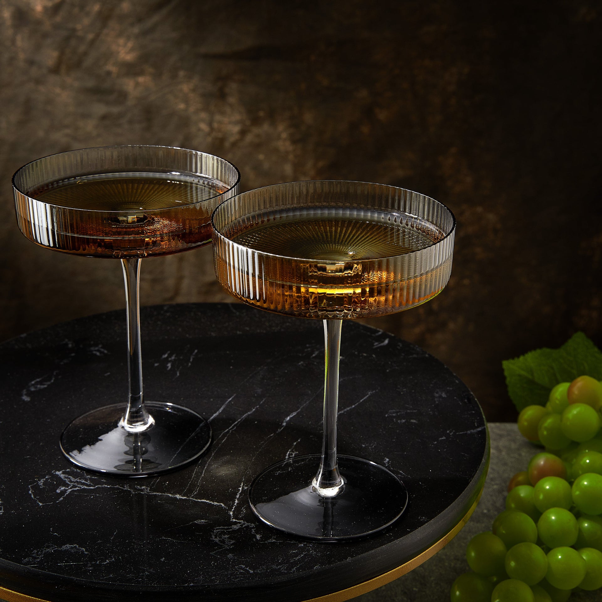 Ribbed Coupe Cocktail Glasses 8 oz | Set of 2 | Classic Manhattan Glasses For Cocktails, Champagne Coupe, Ripple Coupe Glasses, Art Deco Gatsby Vintage, Crystal with Stems (Smoke Grey)