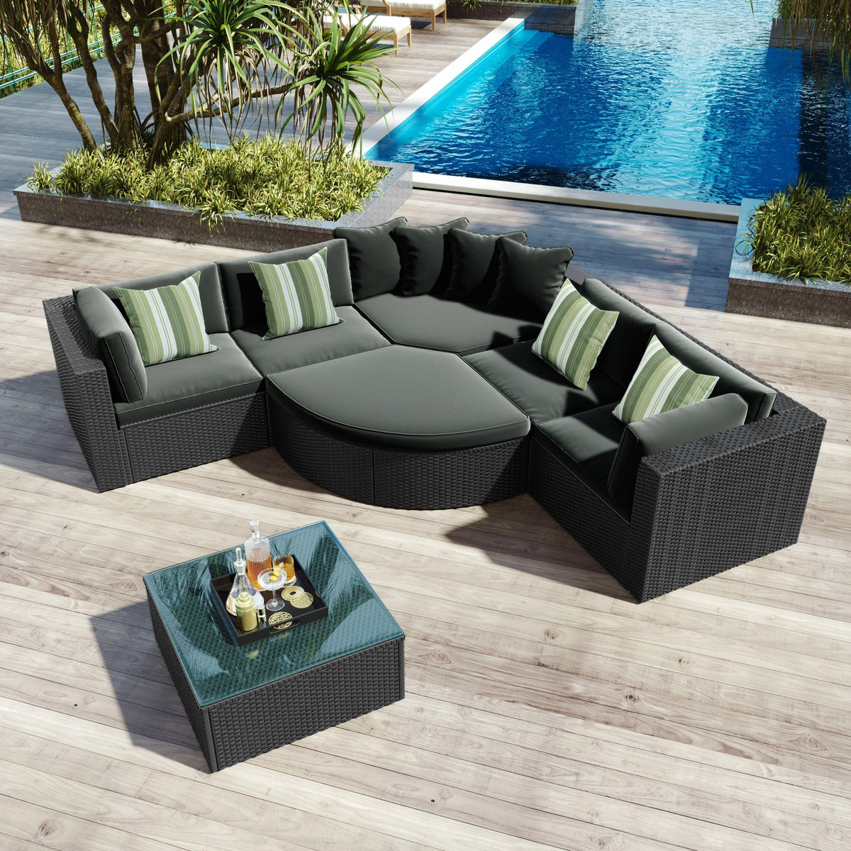 GO 7-Piece Outdoor Wicker Sofa Set with Striped Cushions