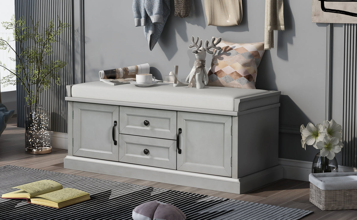 TREXM Storage Bench with 2 Drawers and 2 Cabinets, Gray Wash