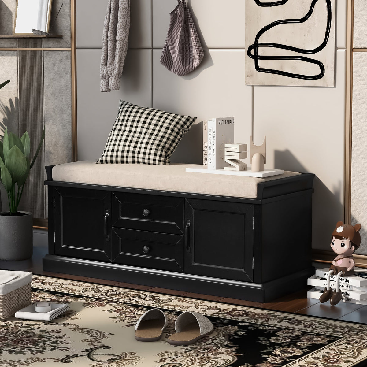 TREXM Storage Bench with 2 Drawers and 2 Cabinets in Black