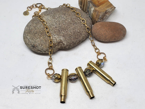 Triple .223 Beaded Antique Gold Bullet Necklace