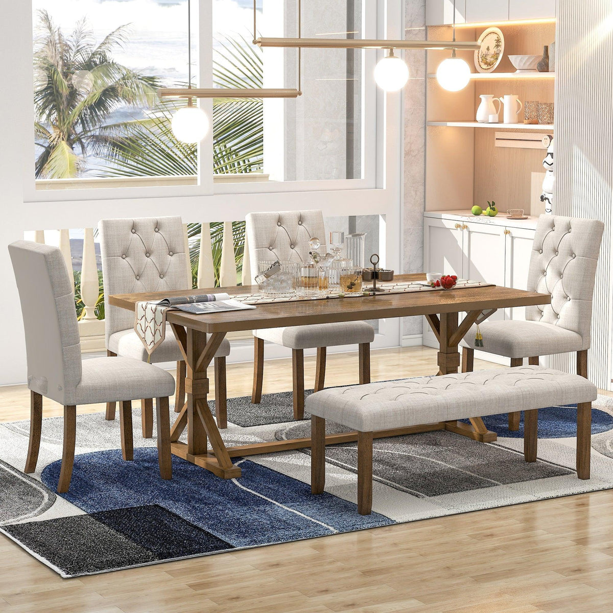 TREXM 6-Piece Farmhouse Dining Table Set - Walnut
