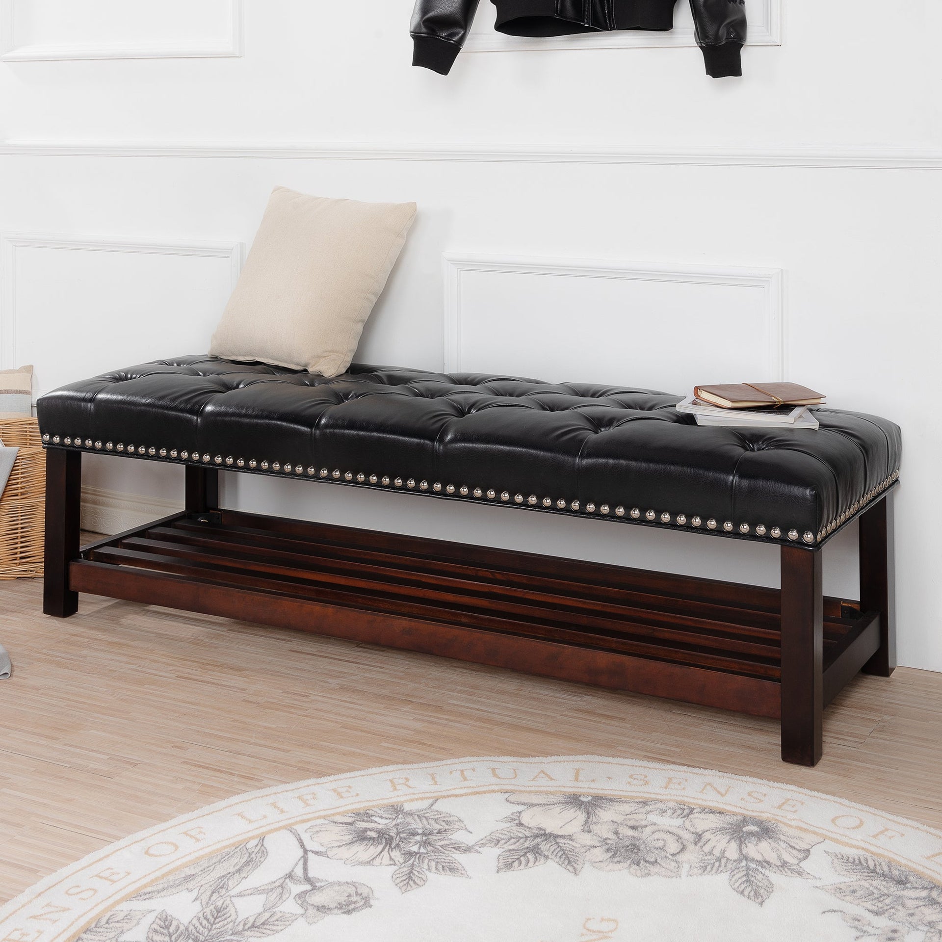 Wooden Base Upholstered Bench for Bedroom and Entryway
