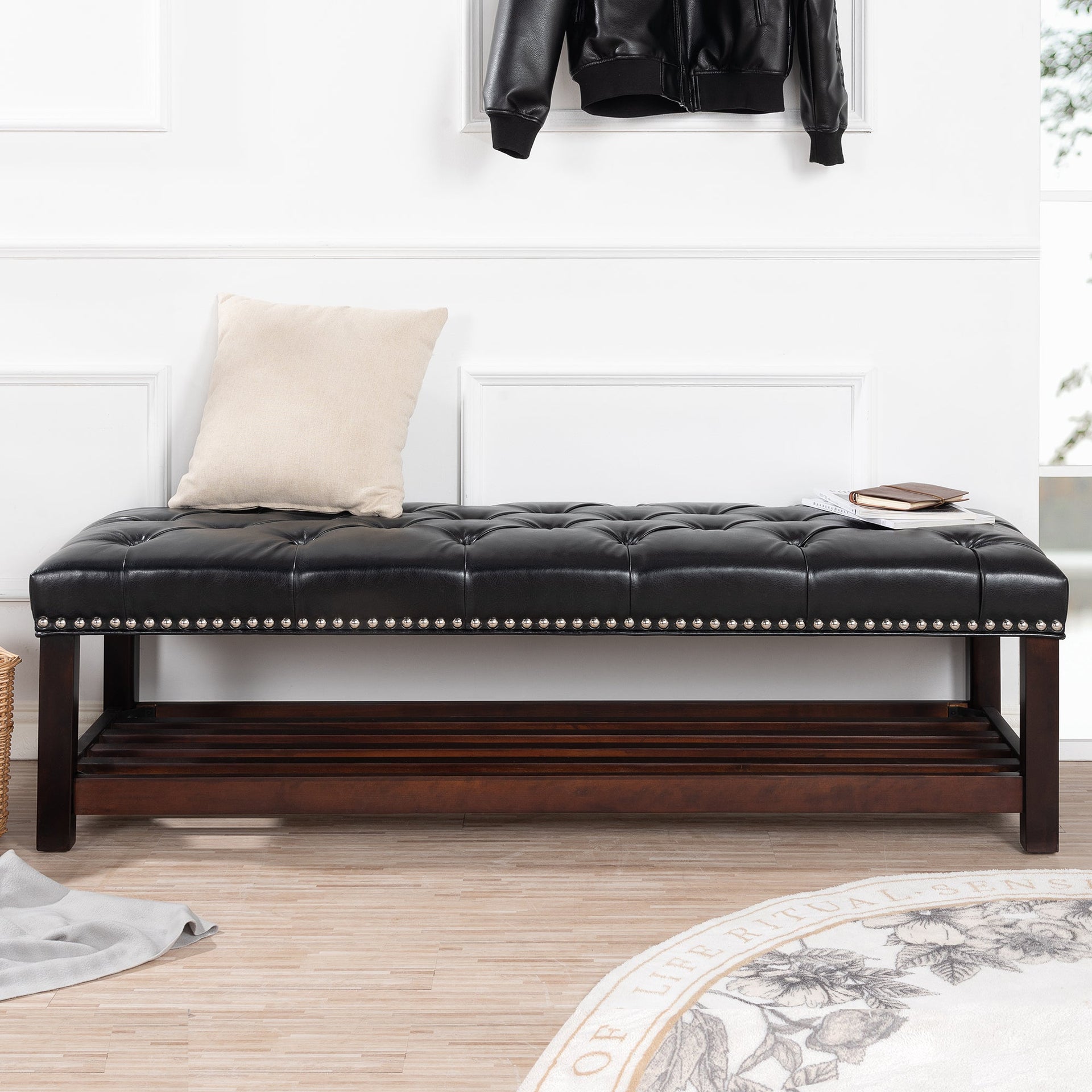 Wooden Base Upholstered Bench for Bedroom and Entryway