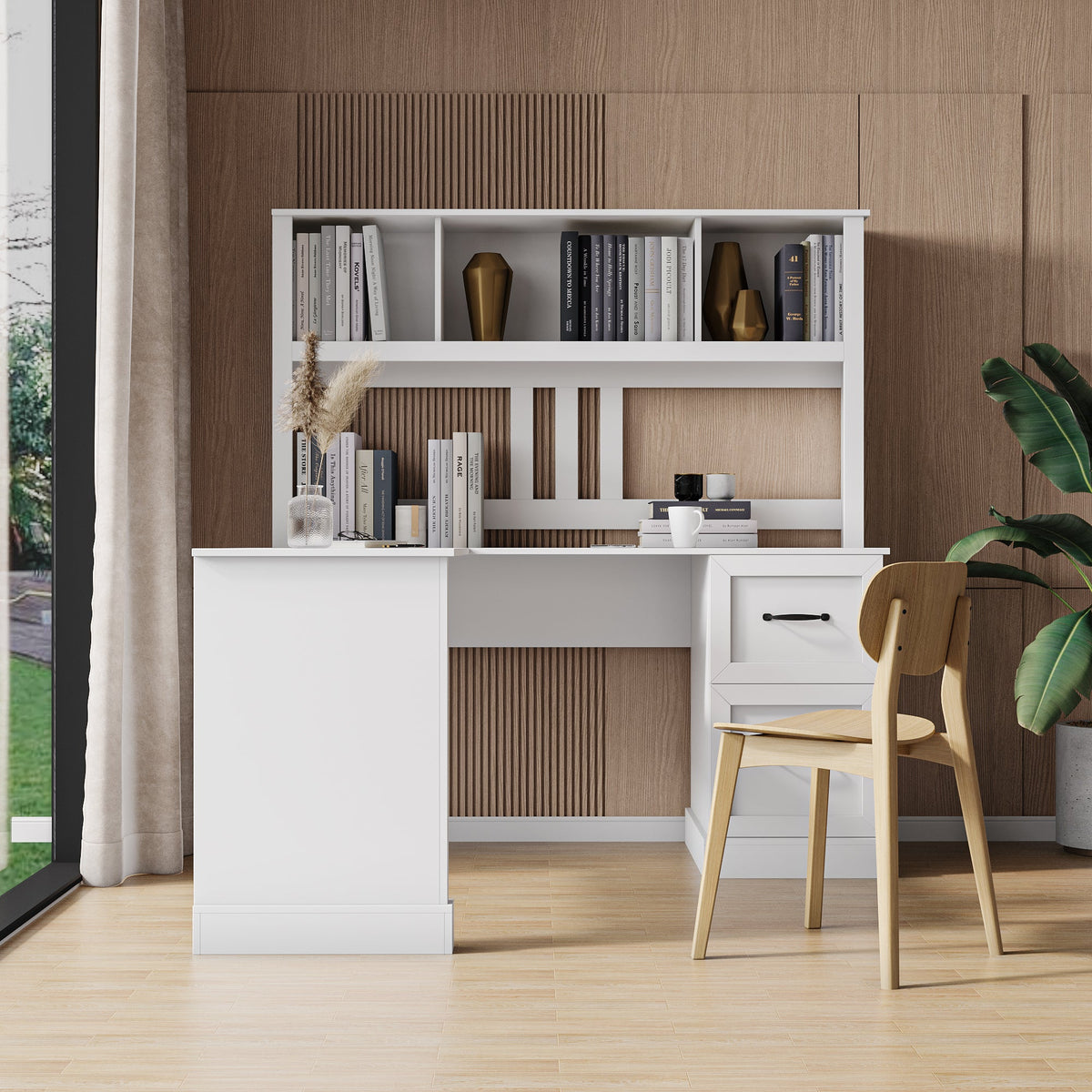 Home Office Computer Desk with Hutch, Antiqued White