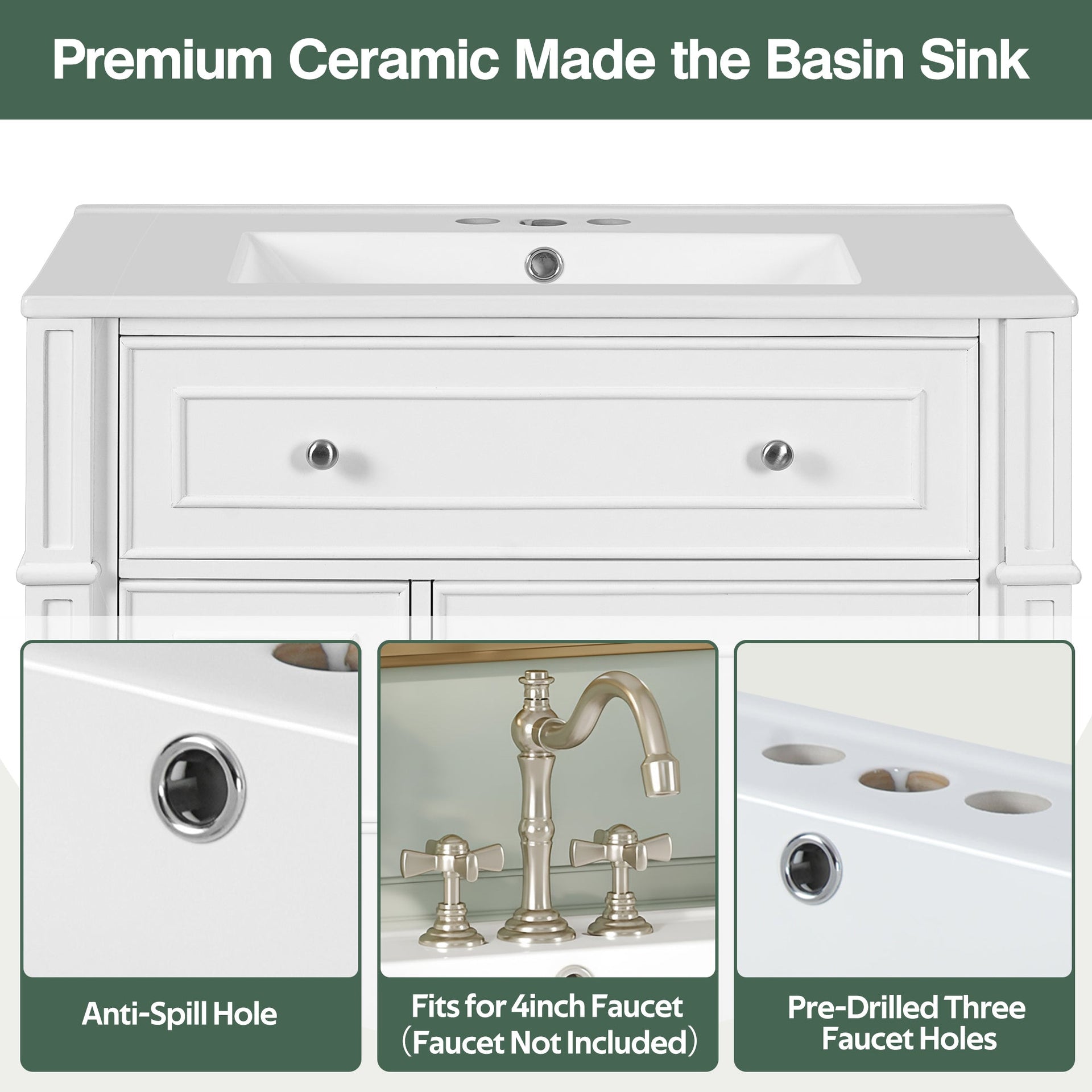 Bathroom Vanity with Ceramic Sink Basin, Cabinet with Soft-Close Doors and Organizer