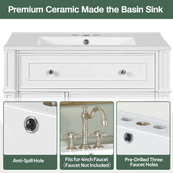 Bathroom Vanity with Ceramic Sink Basin, Cabinet with Soft-Close Doors and Organizer