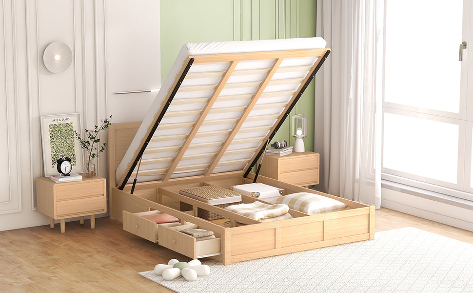 Queen Size Wood Platform Bed with Underneath Storage and 2 Drawers