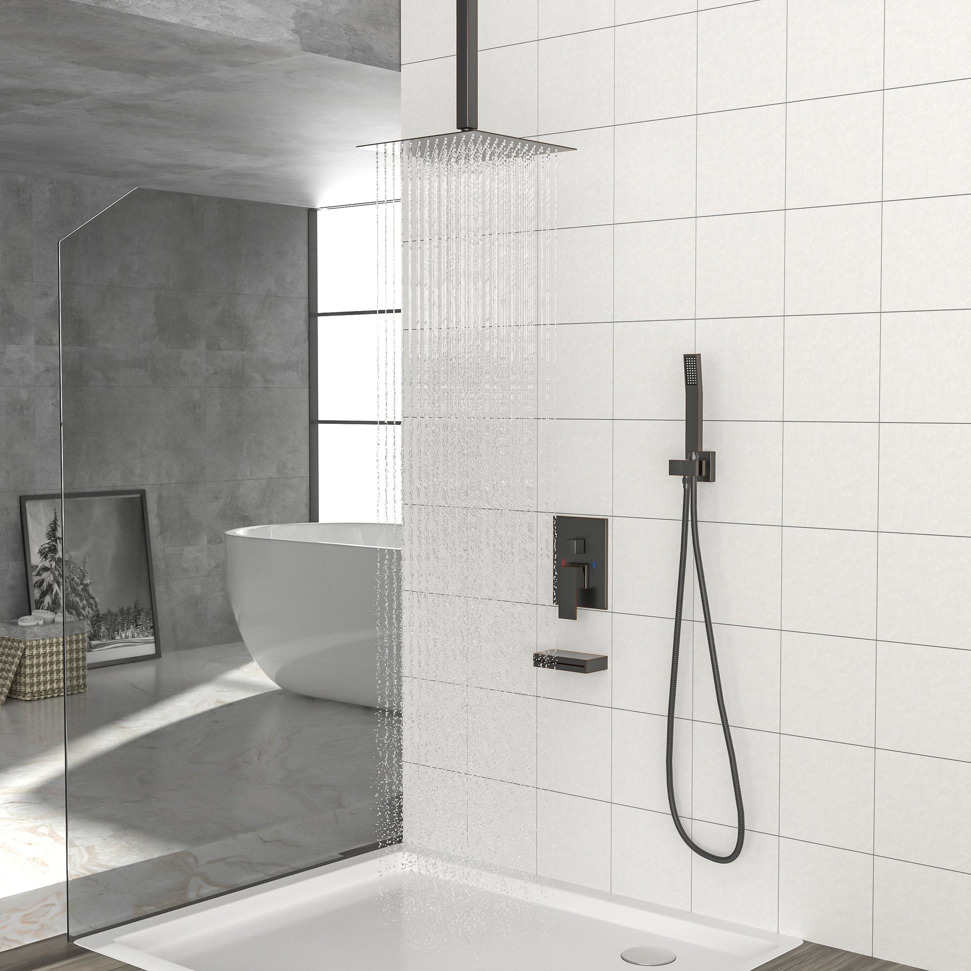 Shower System with Waterfall Tub Spout
