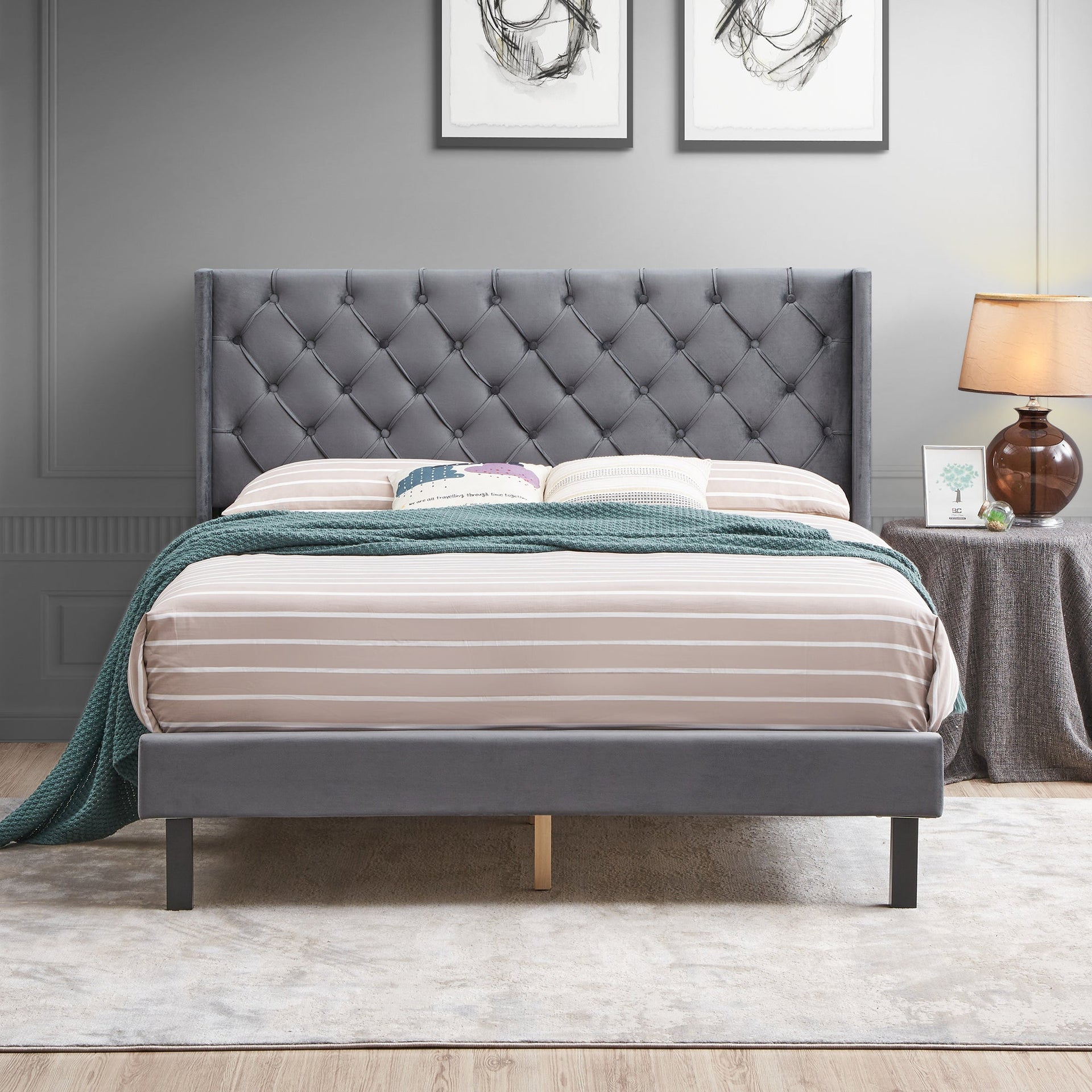 Velvet Button Tufted Upholstered Bed with Wings Design