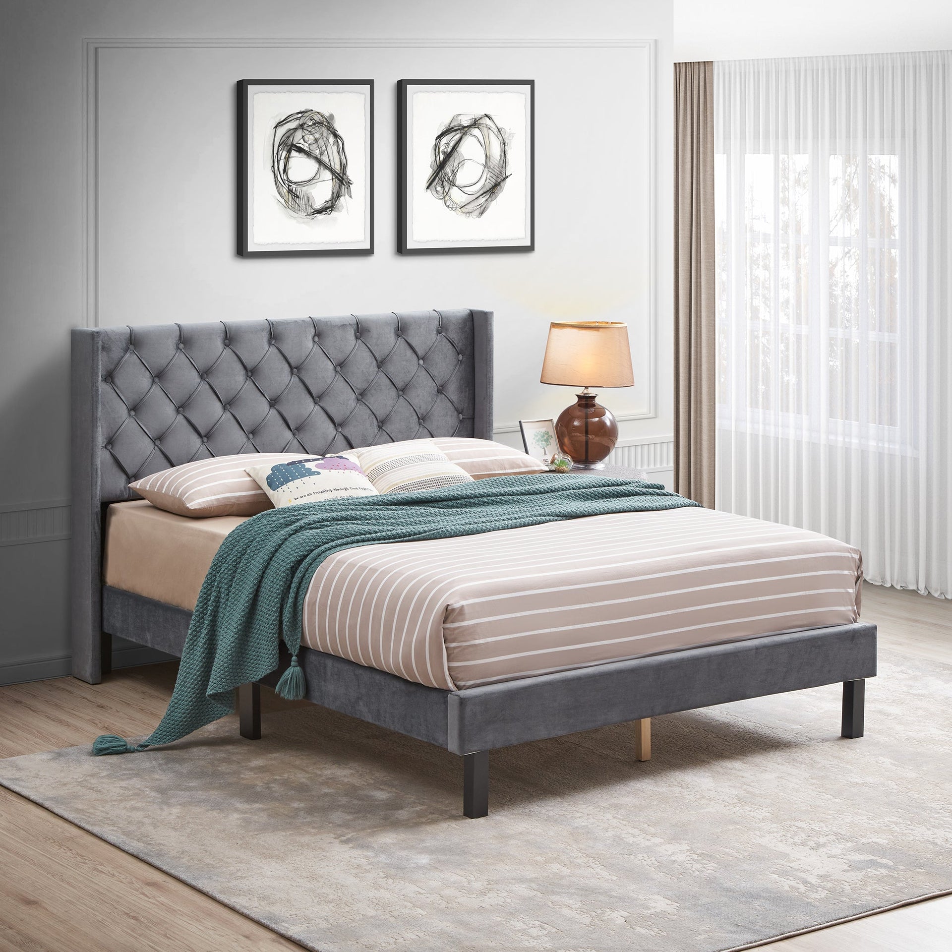 Velvet Button Tufted Upholstered Bed with Wings Design
