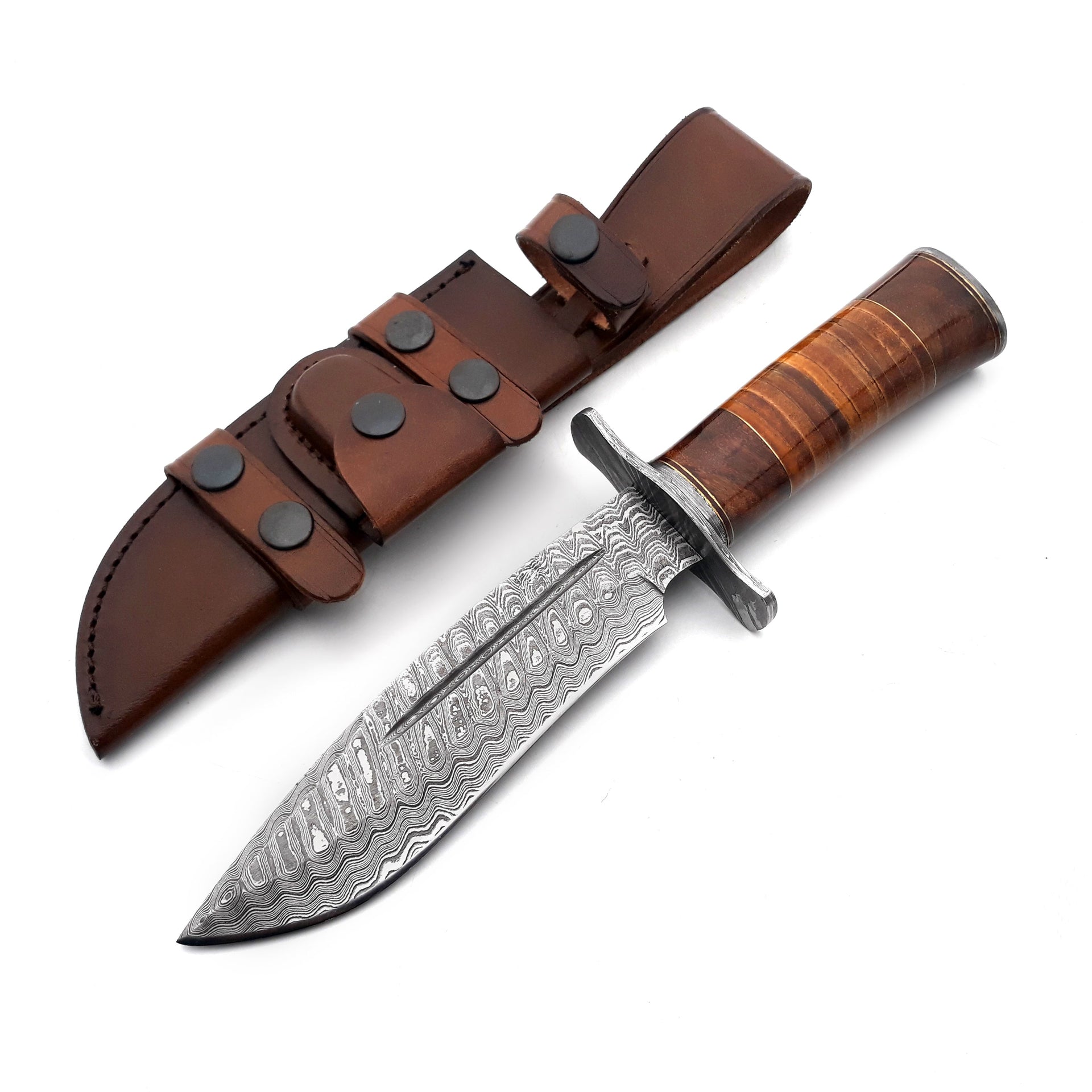 Rambo Bowie Knife with Exotic Rosewood & Stacked Leather Handle Shokunin USA