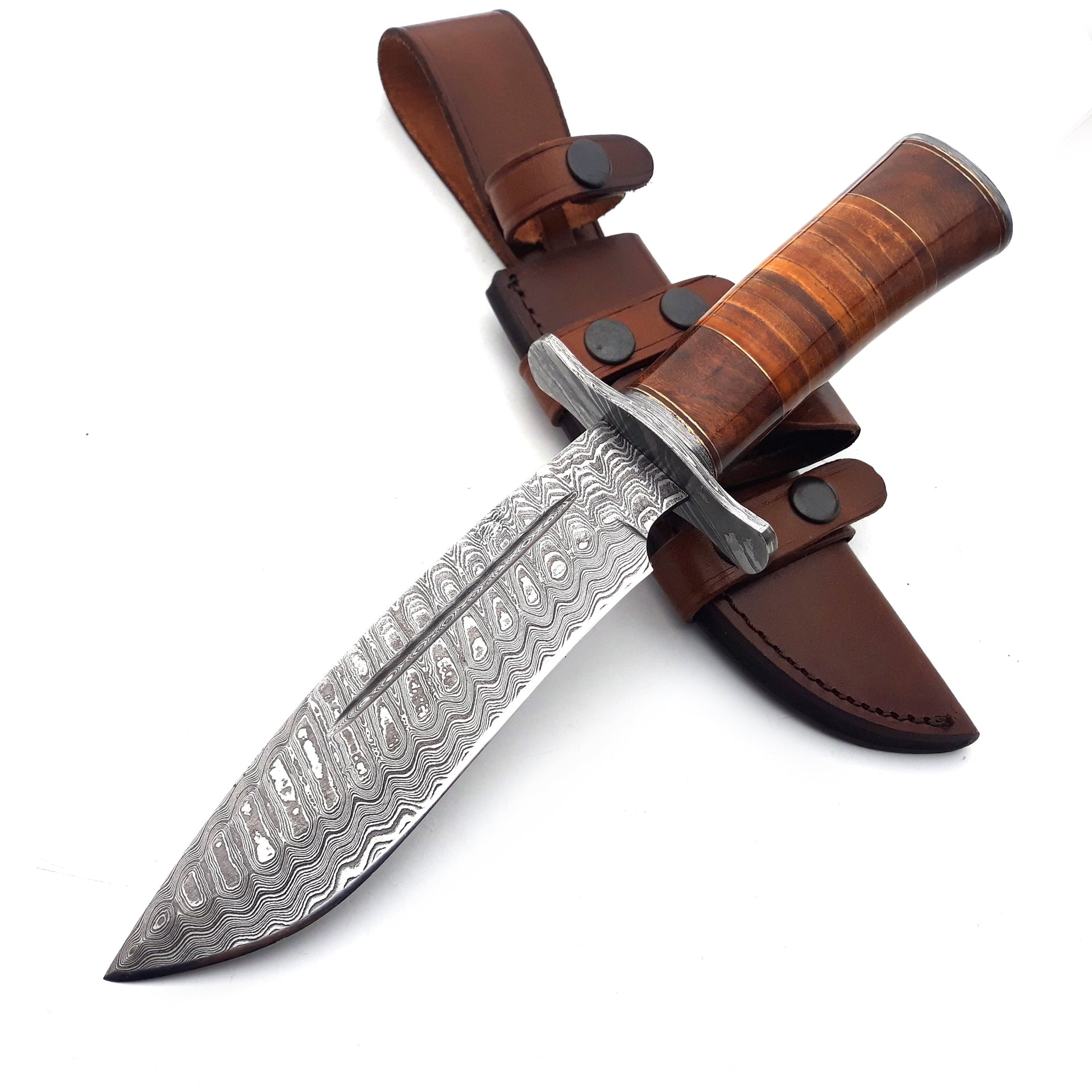 Rambo Bowie Knife with Exotic Rosewood & Stacked Leather Handle Shokunin USA