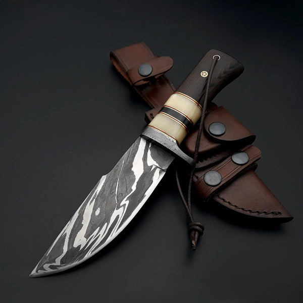 Nova Damascus Hunting Knife with Bone & Exotic Wenge Wood Handle - Gifts for You 'n Me