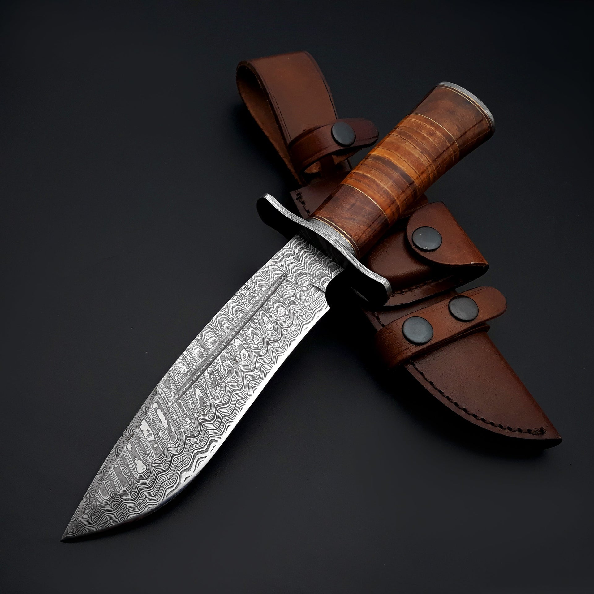 Rambo Bowie Knife with Exotic Rosewood & Stacked Leather Handle Shokunin USA